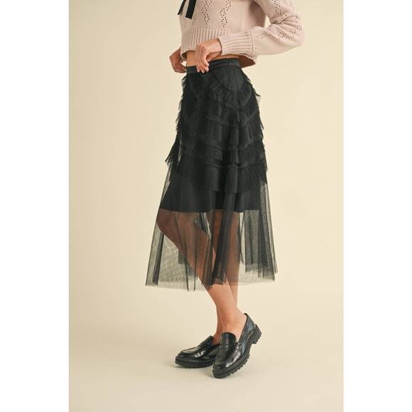Frill Mesh Tulle Midi Skirt Black - Picture 4 of 7